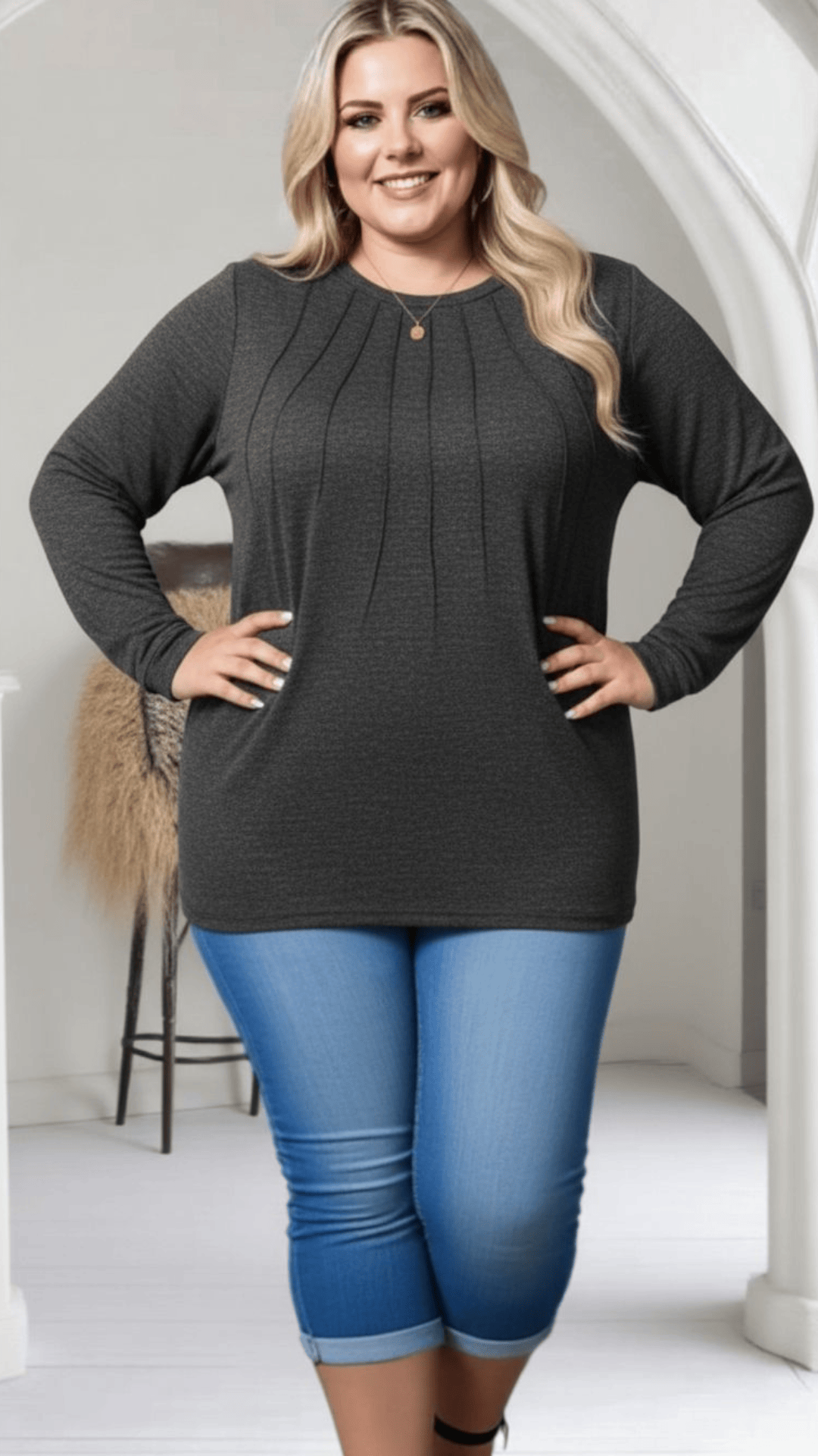 jkthpu-45 Elegant PlusSize Ruched Pullover SpringFall Staple