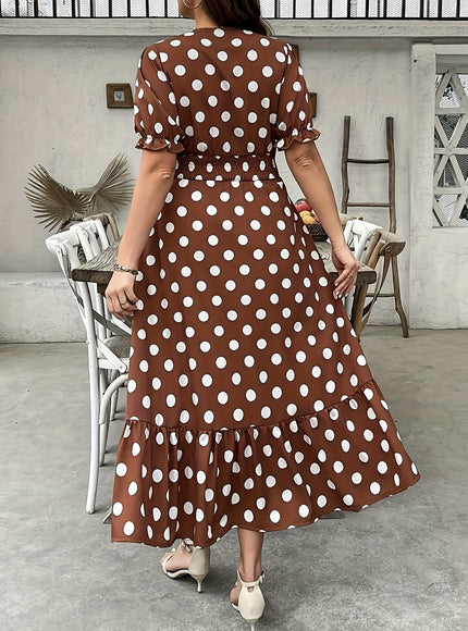 jkthpu-45 Elegant Polka Dot Dress for Women - V-Neck, Short Sleeve, Midi Length with Shirred Waist, Non-Stretch Fabric, Perfect for All Seasons, Polka Dot Dress