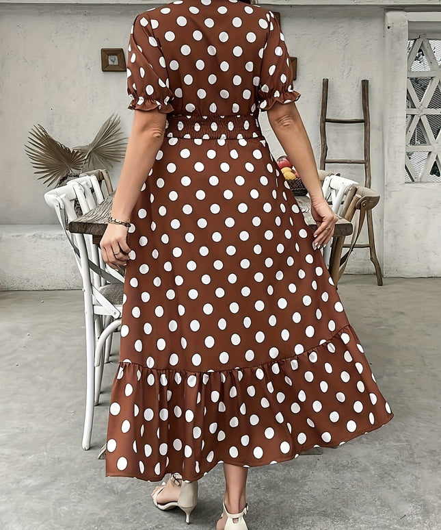jkthpu-45 Elegant Polka Dot Dress for Women - V-Neck, Short Sleeve, Midi Length with Shirred Waist, Non-Stretch Fabric, Perfect for All Seasons, Polka Dot Dress
