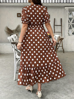jkthpu-45 Elegant Polka Dot Dress for Women - V-Neck, Short Sleeve, Midi Length with Shirred Waist, Non-Stretch Fabric, Perfect for All Seasons, Polka Dot Dress