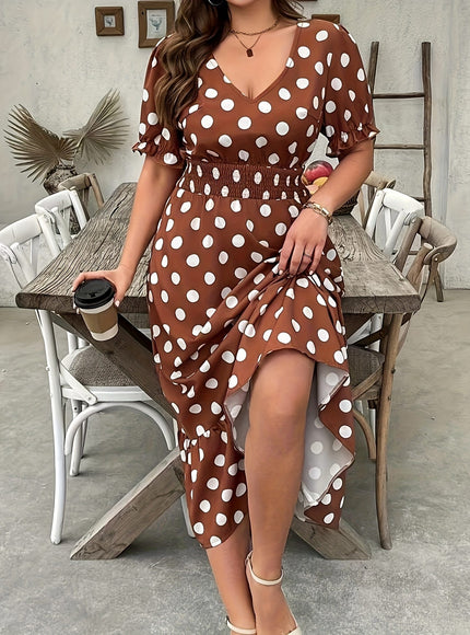 jkthpu-45 Elegant Polka Dot Dress for Women - V-Neck, Short Sleeve, Midi Length with Shirred Waist, Non-Stretch Fabric, Perfect for All Seasons, Polka Dot Dress