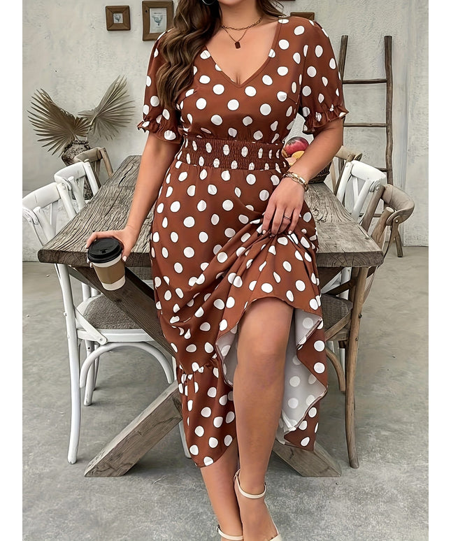 jkthpu-45 Elegant Polka Dot Dress for Women - V-Neck, Short Sleeve, Midi Length with Shirred Waist, Non-Stretch Fabric, Perfect for All Seasons, Polka Dot Dress