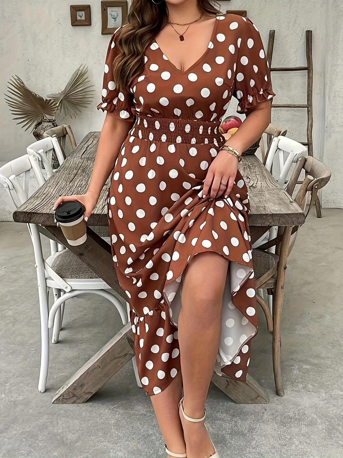 jkthpu-45 Elegant Polka Dot Dress for Women - V-Neck, Short Sleeve, Midi Length with Shirred Waist, Non-Stretch Fabric, Perfect for All Seasons, Polka Dot Dress
