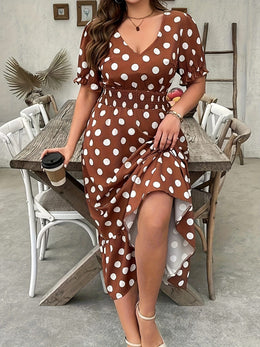 jkthpu-45 Elegant Polka Dot Dress for Women - V-Neck, Short Sleeve, Midi Length with Shirred Waist, Non-Stretch Fabric, Perfect for All Seasons, Polka Dot Dress