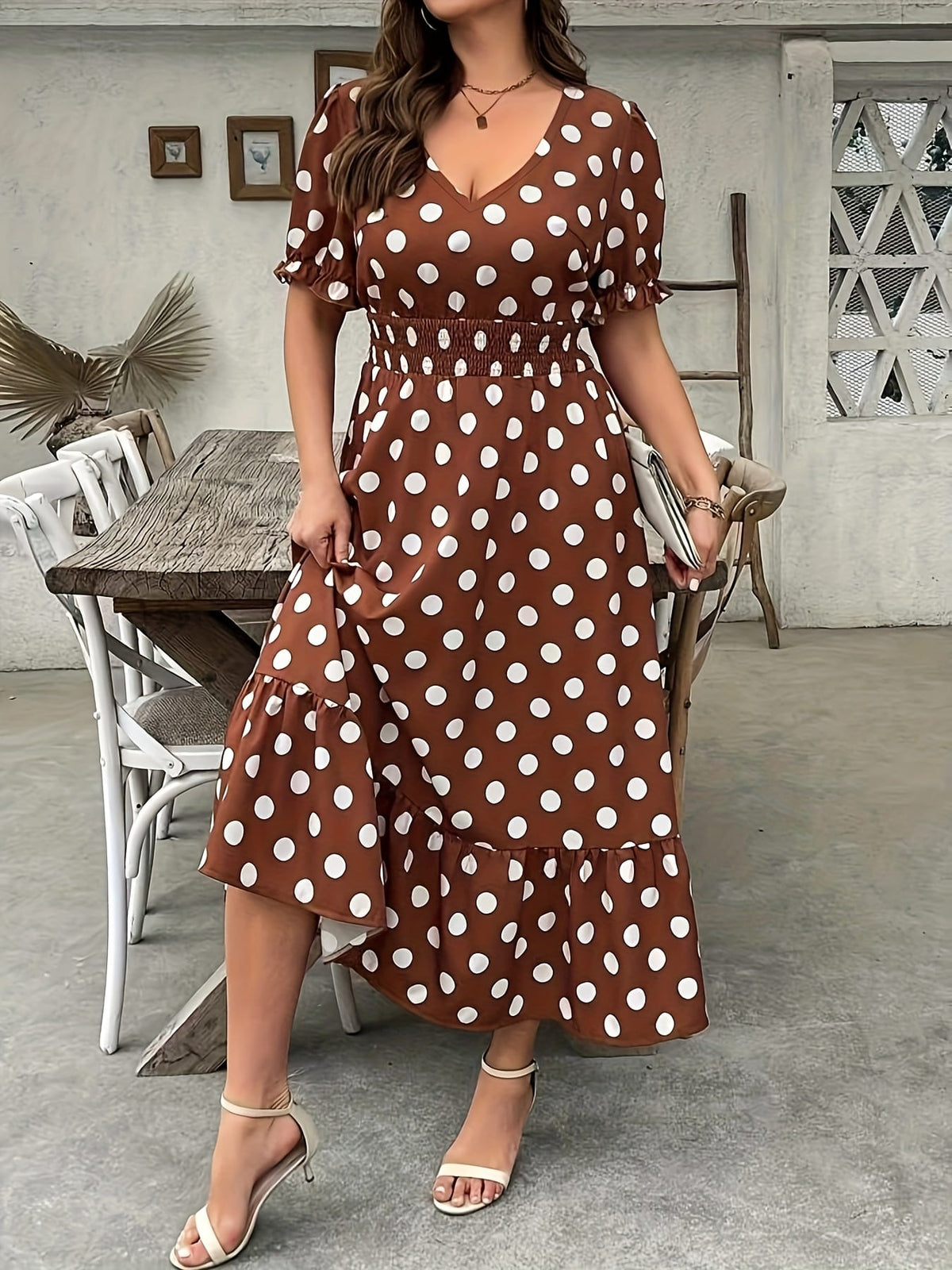 jkthpu-45 Elegant Polka Dot Dress for Women - V-Neck, Short Sleeve, Midi Length with Shirred Waist, Non-Stretch Fabric, Perfect for All Seasons, Polka Dot Dress