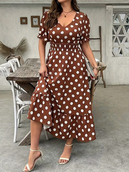 jkthpu-45 Elegant Polka Dot Dress for Women - V-Neck, Short Sleeve, Midi Length with Shirred Waist, Non-Stretch Fabric, Perfect for All Seasons, Polka Dot Dress