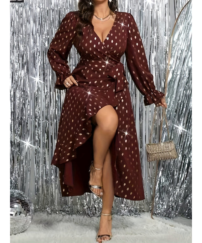 jkthpu-45 Elegant Polka Dot V-Neck Long Sleeve Midi Dress for Women - Stretchy Polyester Blend, Brown & White Dots, Ruffled Hem, Perfect for Spring & Fall