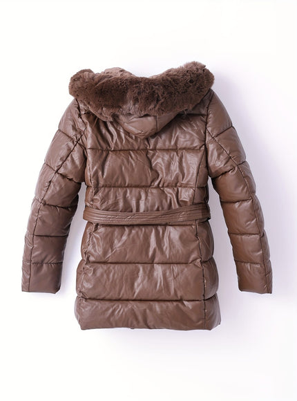 jkthpu-45 Elegant PU Velvet Hooded Coat with Faux Fur Collar
