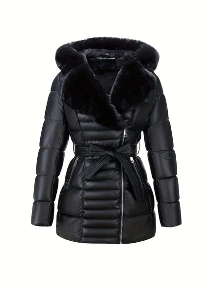 jkthpu-45 Elegant PU Velvet Hooded Coat with Faux Fur Collar