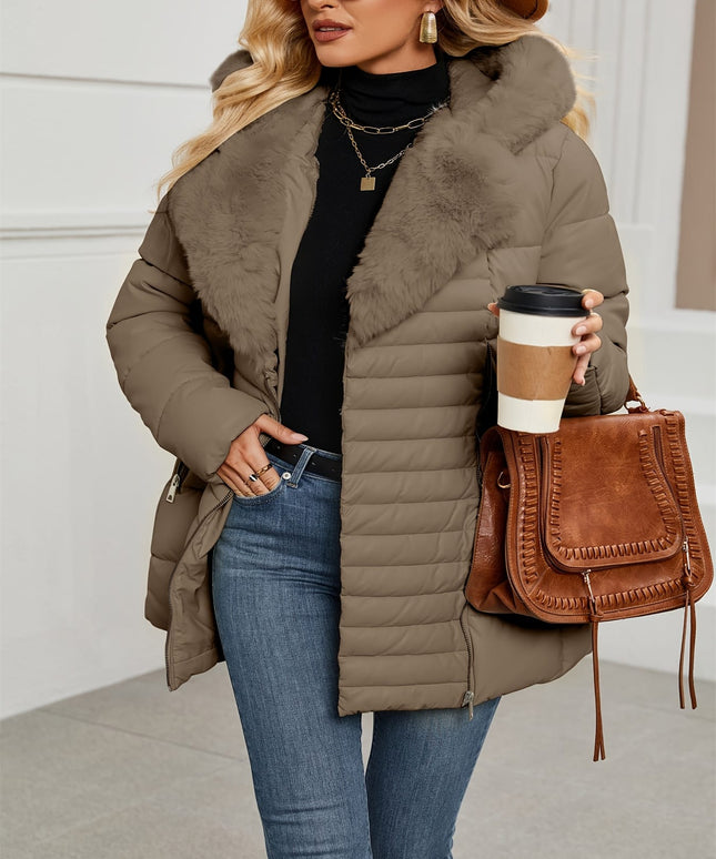 jkthpu-45 Elegant PU Velvet Hooded Coat with Faux Fur Collar