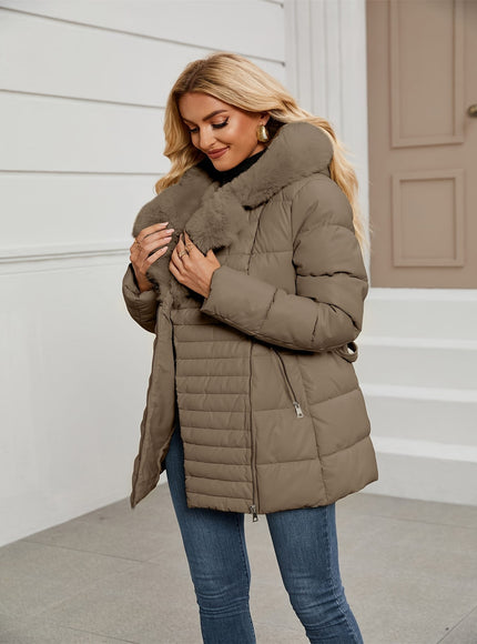 jkthpu-45 Elegant PU Velvet Hooded Coat with Faux Fur Collar