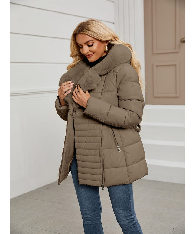 jkthpu-45 Elegant PU Velvet Hooded Coat with Faux Fur Collar