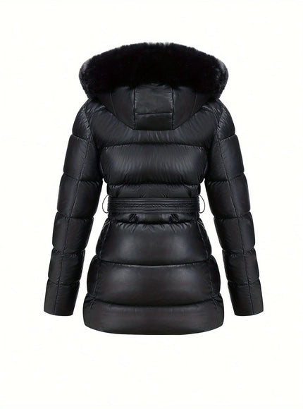 jkthpu-45 Elegant PU Velvet Hooded Coat with Faux Fur Collar