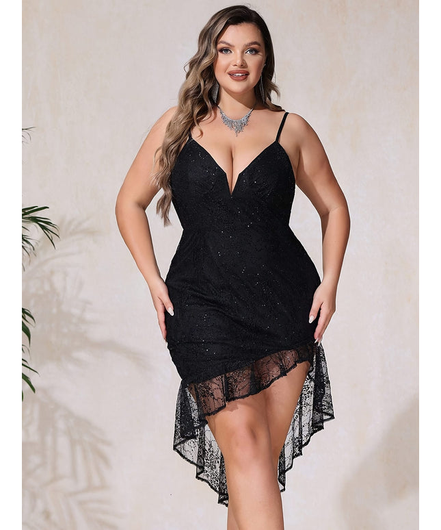 jkthpu-45 Elegant Red Plus Size Formal Gown Asymmetric Hem Spaghetti Straps
