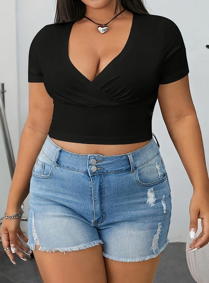 jkthpu-45 Elegant Ruched Black VNeck Plus Size Top