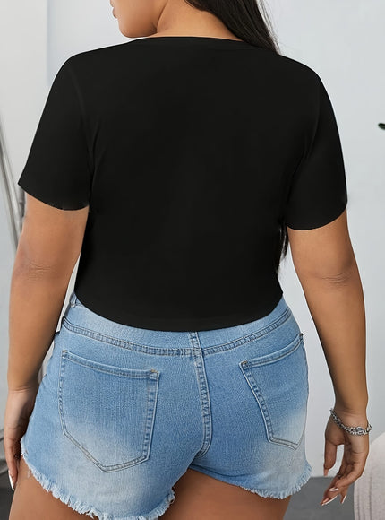 jkthpu-45 Elegant Ruched Black VNeck Plus Size Top