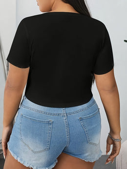 jkthpu-45 Elegant Ruched Black VNeck Plus Size Top