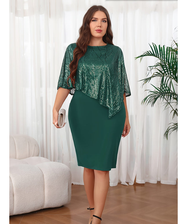 jkthpu-45 Elegant Sequin-Embellished Sleeveless Round Neck Bodycon Midi Dress for Women - Plus Size Stretchy A-Line Knee-Length Machine-Washable Solid Color 3-Season Versatile Party & Casual Wear, Seasonal Fashion, Sophisticated Silhouette, Sequin Embellishment, Ev