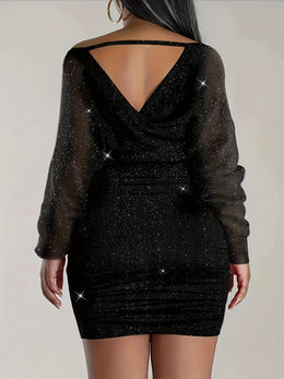 jkthpu-45 Elegant Sequined Convertible Mini Dress - 1pc Off-Shoulder Polyester Pencil Skirt with Sheer Sleeves - Party, Evening Gown for Adults