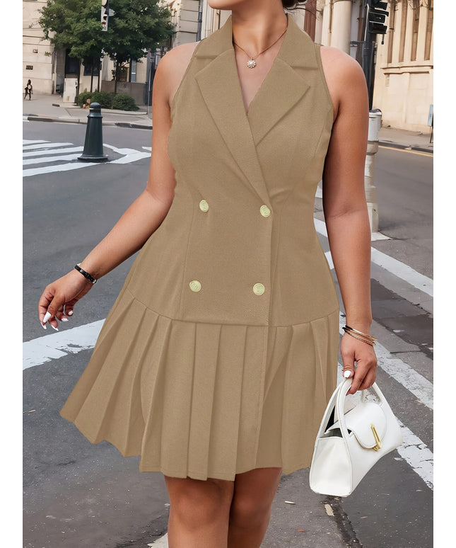 jkthpu-45 Elegant Sleeveless Double-Breasted Plus Size Dress - Pleated Lapel Neck For Spring & Summer - Women's Clothing