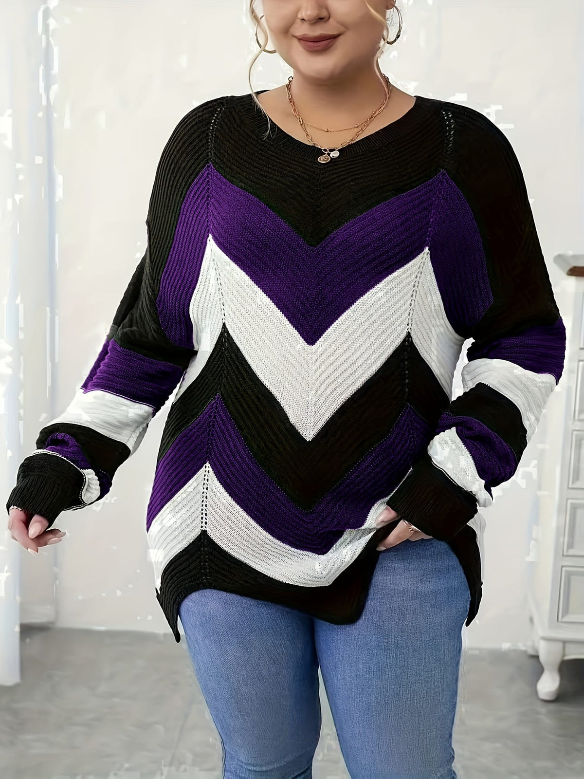 KissICON Elegant Striped Asymmetrical Hem Sweater for Women -