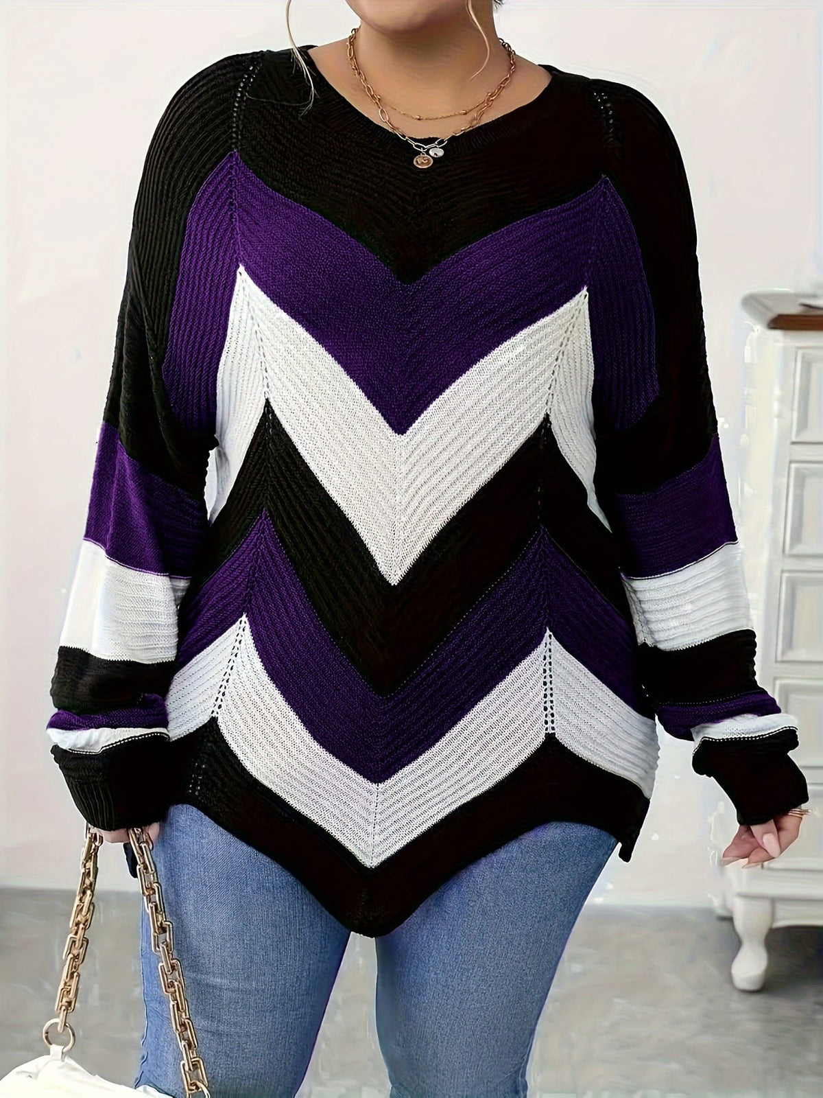 KissICON Elegant Striped Asymmetrical Hem Sweater for Women -