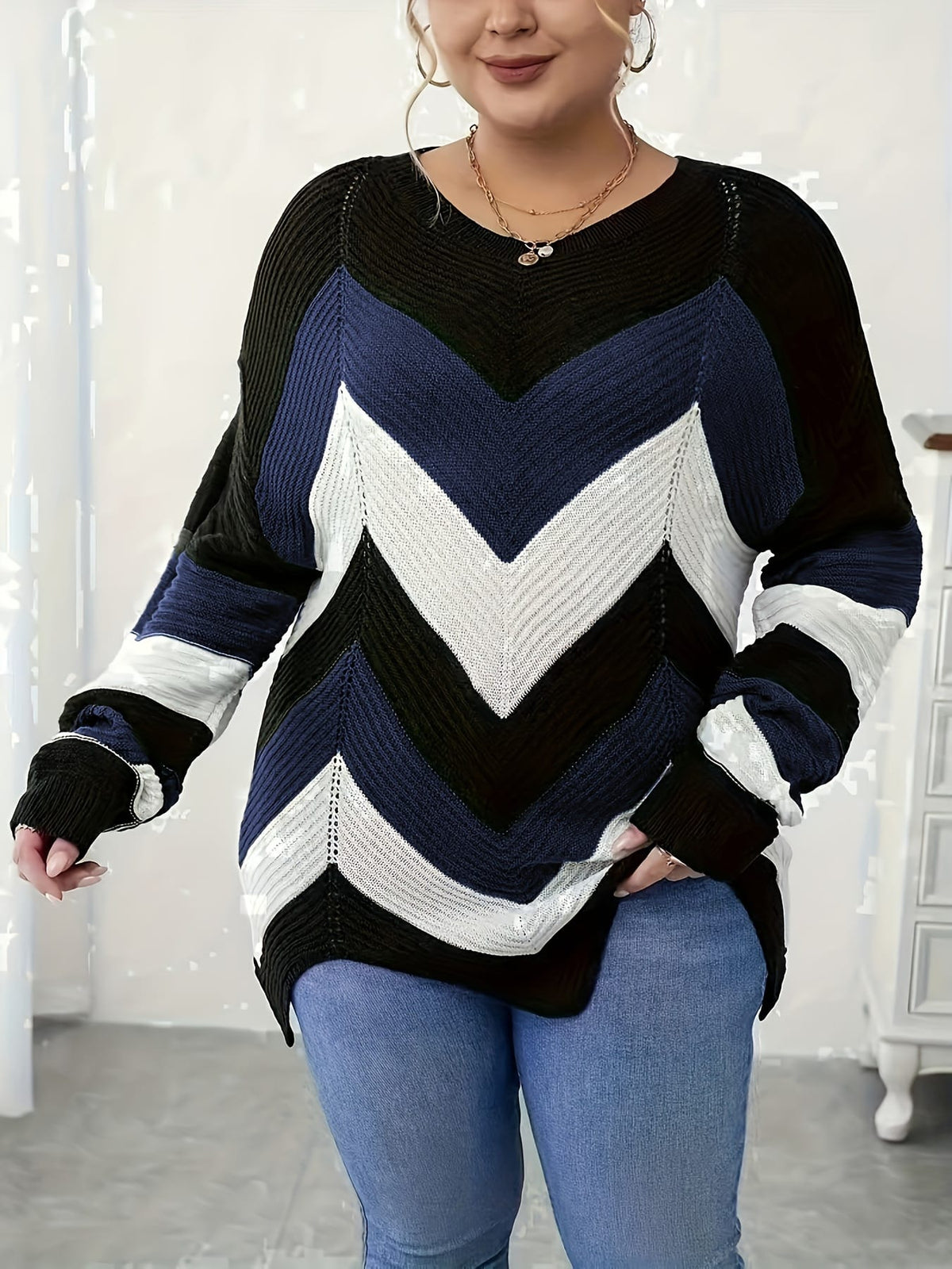 KissICON Elegant Striped Asymmetrical Hem Sweater for Women -