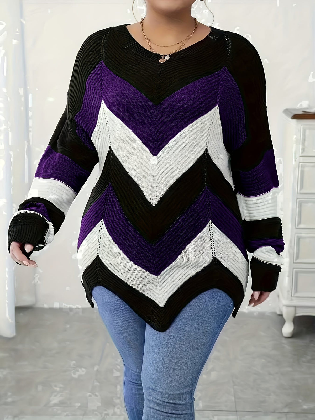 KissICON Elegant Striped Asymmetrical Hem Sweater for Women -
