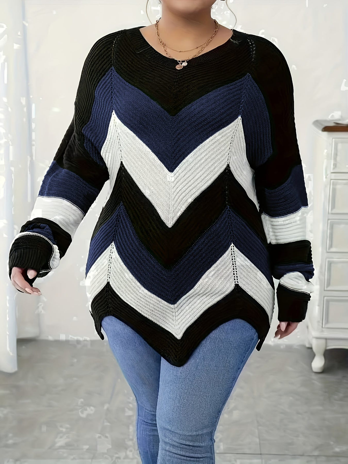 KissICON Elegant Striped Asymmetrical Hem Sweater for Women -