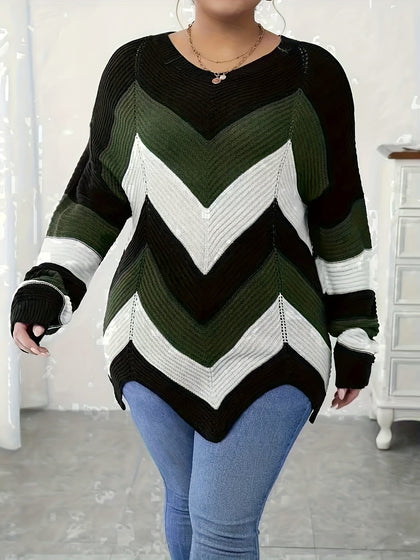 KissICON Elegant Striped Asymmetrical Hem Sweater for Women -