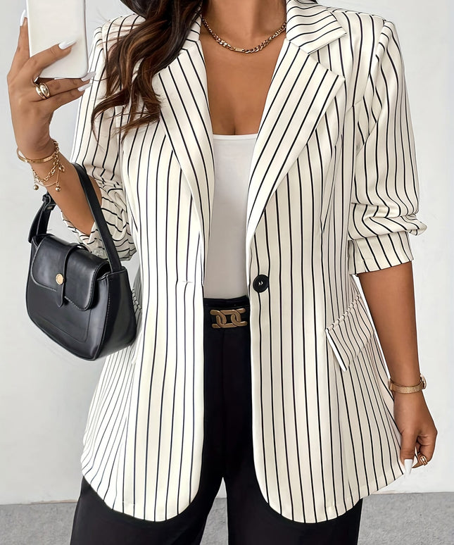 jkthpu-45 Elegant Striped Lapel Blazer Chic Plus Size Office to Casual