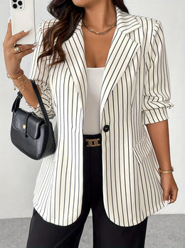 jkthpu-45 Elegant Striped Lapel Blazer Chic Plus Size Office to Casual