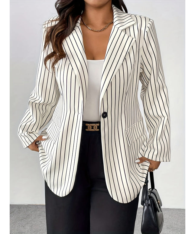 jkthpu-45 Elegant Striped Lapel Blazer Chic Plus Size Office to Casual