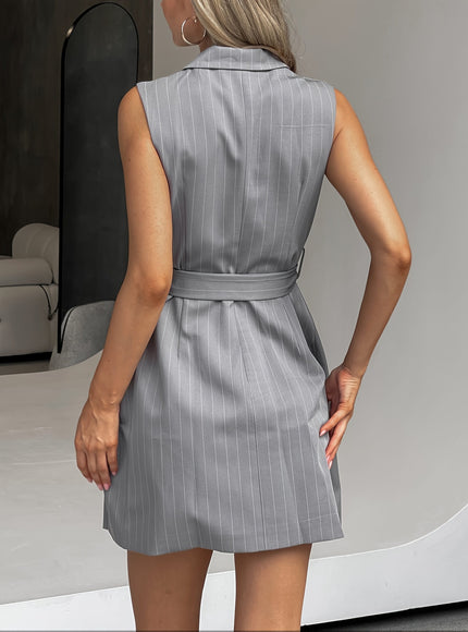 KissICON Elegant Striped Sleeveless Blazer – Belt