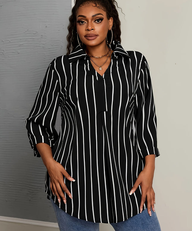 KissICON Elegant V-Neck Non-Stretch Woven Striped Shirt, Big Size, for Spring/Fall