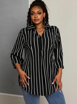KissICON Elegant V-Neck Non-Stretch Woven Striped Shirt, Big Size, for Spring/Fall