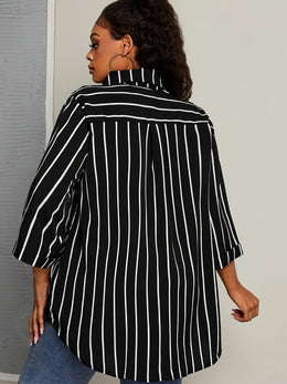 KissICON Elegant V-Neck Non-Stretch Woven Striped Shirt, Big Size, for Spring/Fall