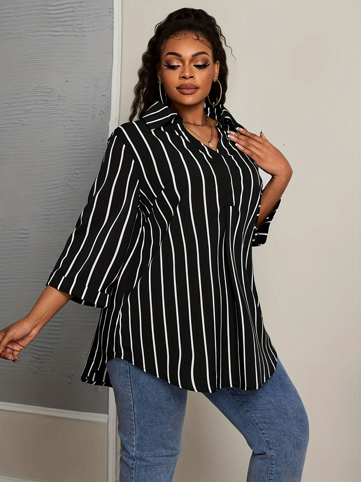 KissICON Elegant V-Neck Non-Stretch Woven Striped Shirt, Big Size, for Spring/Fall