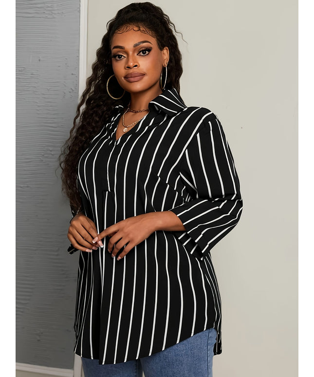 KissICON Elegant V-Neck Non-Stretch Woven Striped Shirt, Big Size, for Spring/Fall