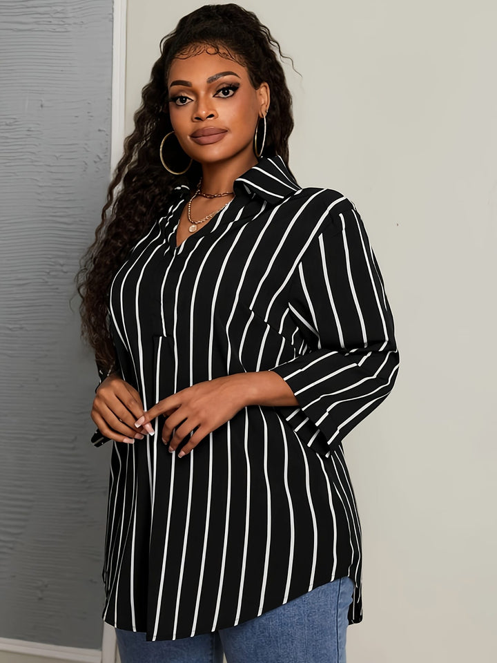 Elegant V-Neck Non-Stretch Woven Striped Shirt, Big Size, for Spring/Fall
