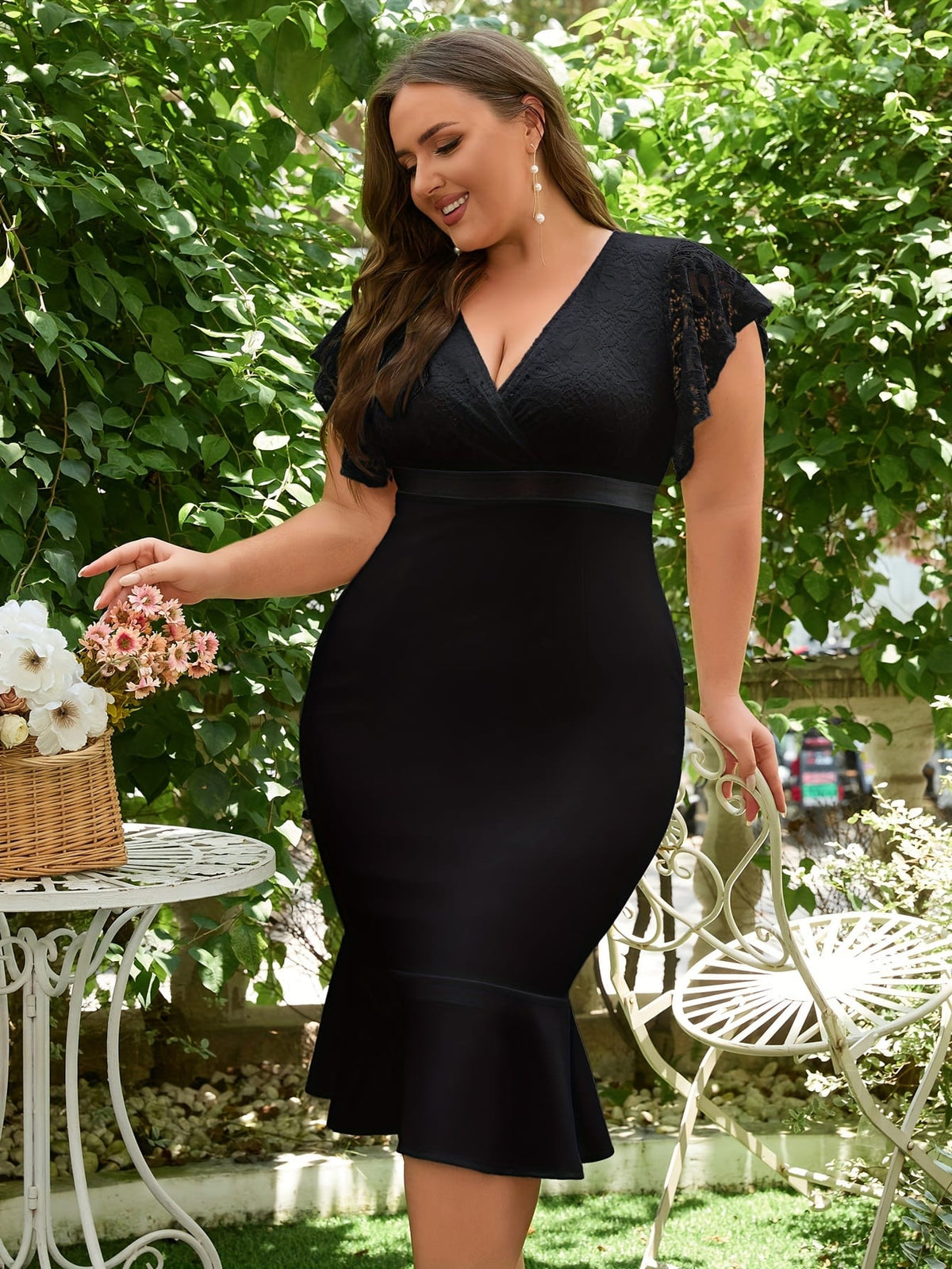 jkthpu-45 Elegant V-Neck Ruffle Sleeve Midi Mermaid Sheath Dress for Bridal Shower, Party Wear, Polyester Knit Fabric, X-Fit, All-Season