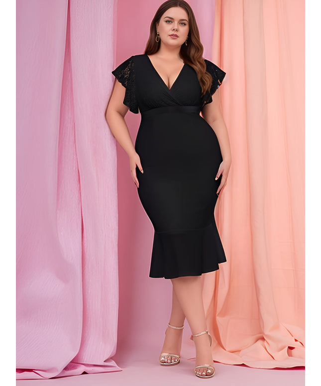 jkthpu-45 Elegant V-Neck Ruffle Sleeve Midi Mermaid Sheath Dress for Bridal Shower, Party Wear, Polyester Knit Fabric, X-Fit, All-Season