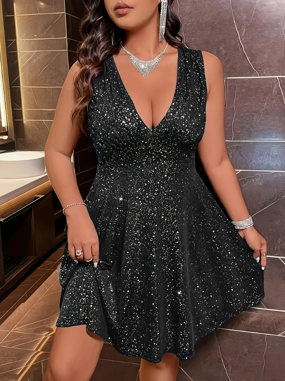 jkthpu-45 Elegant V-Neck Sleeveless Knee-Length Sparkling Dot Print Plus Size Dress - Stretchy Machine-Washable Summer Party & Casual Outfit, Casual Summer Dress, Event Attire, Evening Wear, Nontransparent Fabric