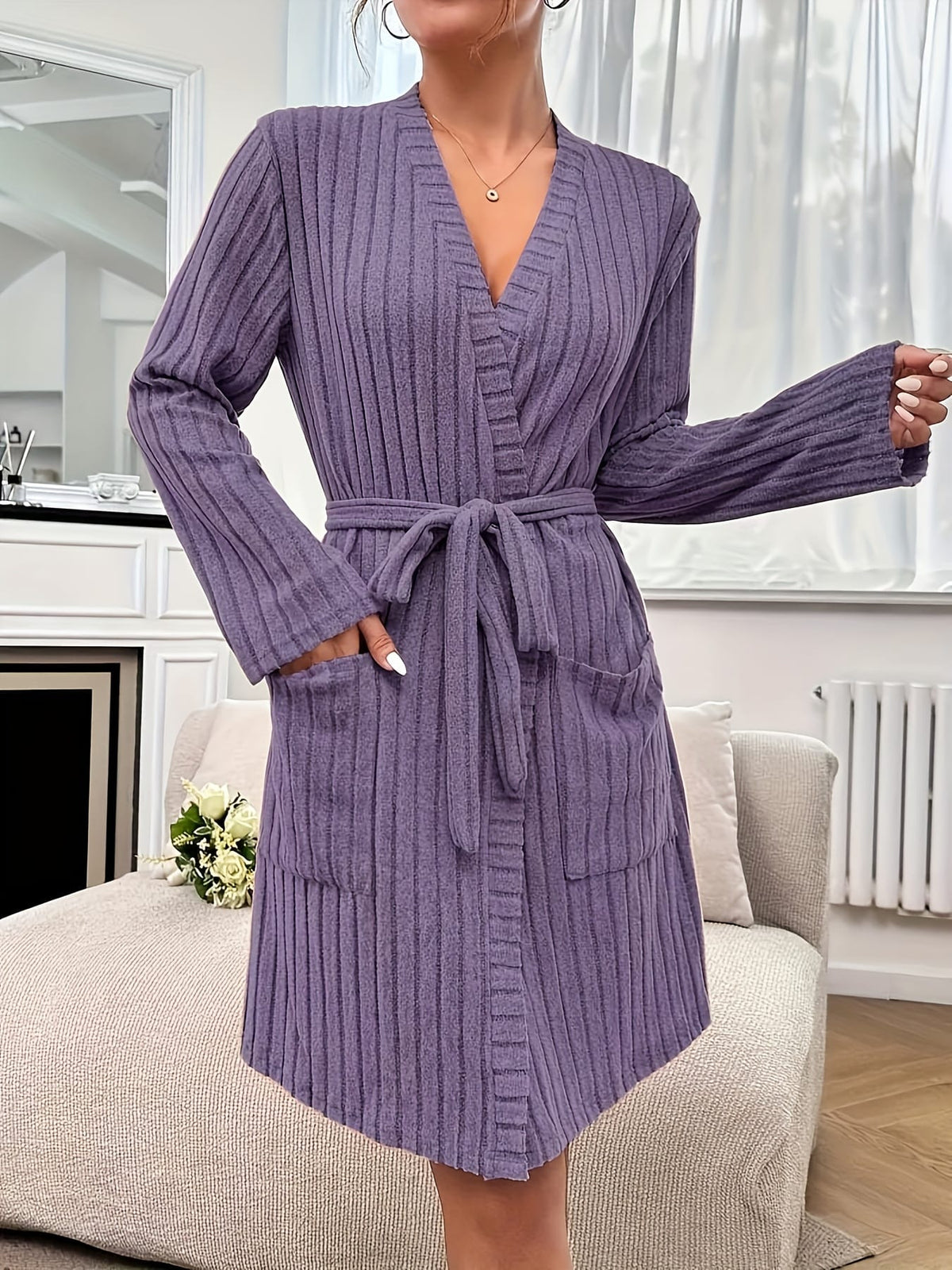 KissICON Elegant V-Neck Solid Color Belted Ribbed Plus Size