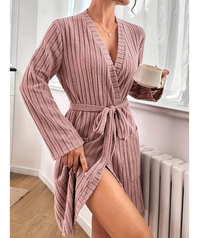 KissICON Elegant V-Neck Solid Color Belted Ribbed Plus Size
