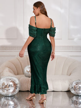 jkthpu-45 Elegant VNeck Sequin Midi Dress Wedding Perfect