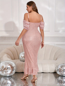 jkthpu-45 Elegant VNeck Sequin Midi Dress Wedding Perfect