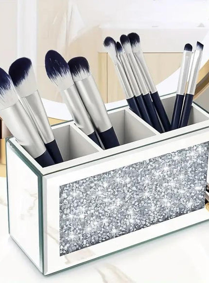 jkthpu-45 Elegant White Beauty Box Serenas Mirrored Crushed Diamond Makeup Brush Holder Organizer