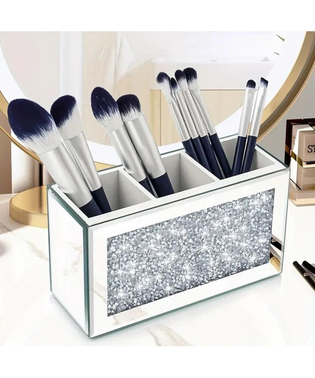 jkthpu-45 Elegant White Beauty Box Serenas Mirrored Crushed Diamond Makeup Brush Holder Organizer