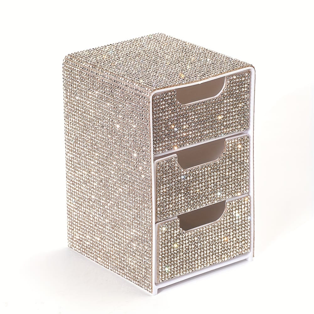 jkthpu-45 Elegant White - Dazzling Three-Tier Diamond Drawer (1 Piece) Compact 3Layer Desktop Organizer Box for Makeup and More